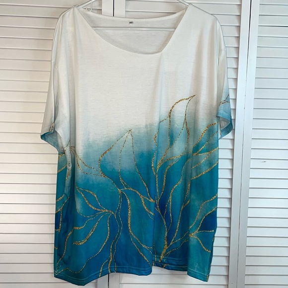 Tops - Unbranded leaf ombre design short sleeve asymmetrical neckline top three XL